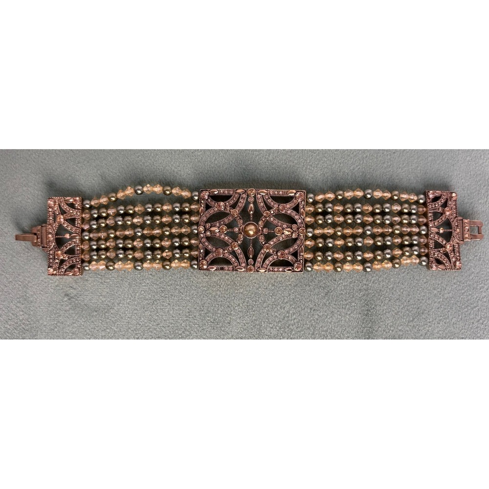 Monet Gold Multi Strand Beaded Filigree Cuff Bracelet‎ Crystal Pearl P161